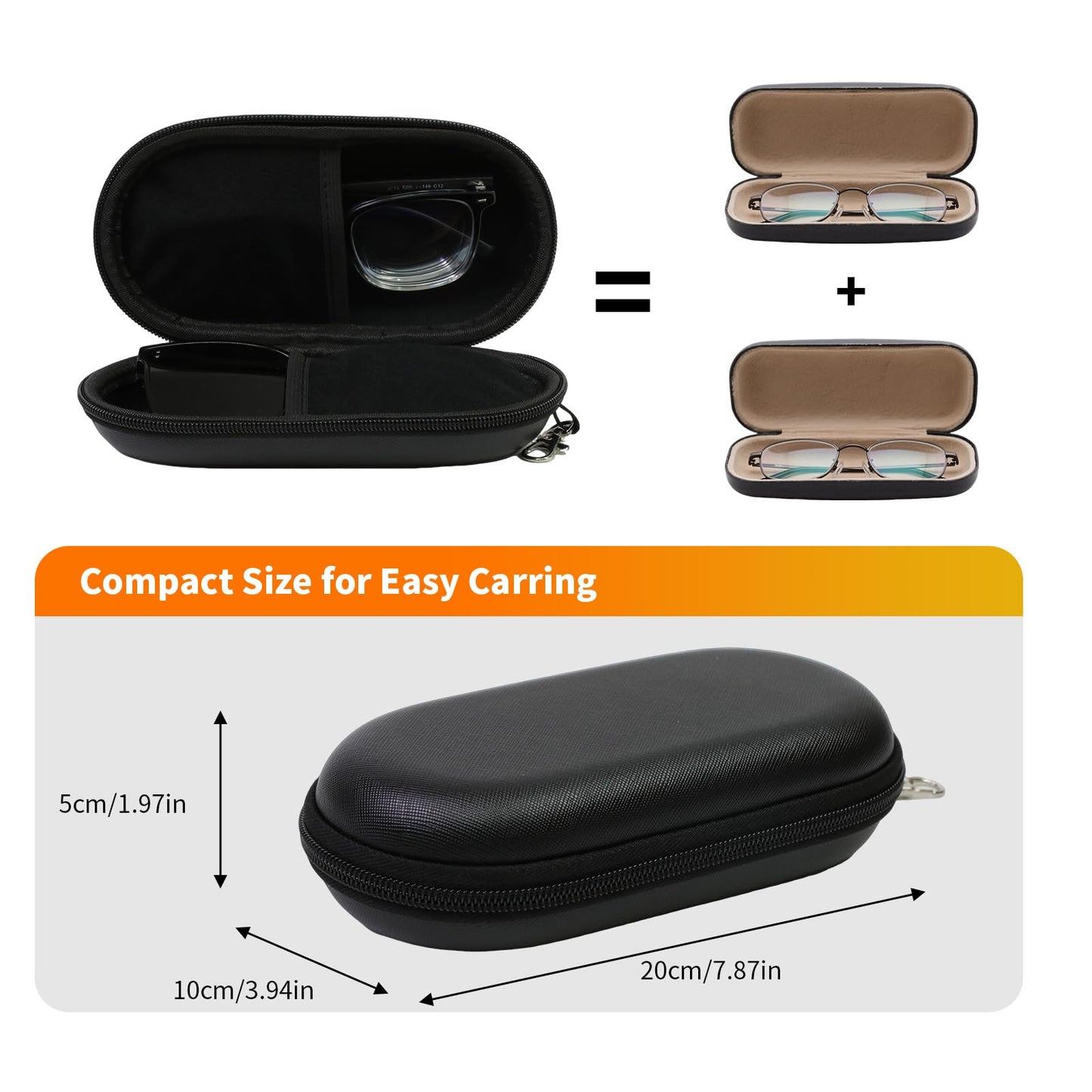 FlyingMage Double Eyeglasses Case, Hard Shell Dual Glasses Sunglasses Organizer with Zipper Clip Travel Eyewear Storage for Women Men (Black)