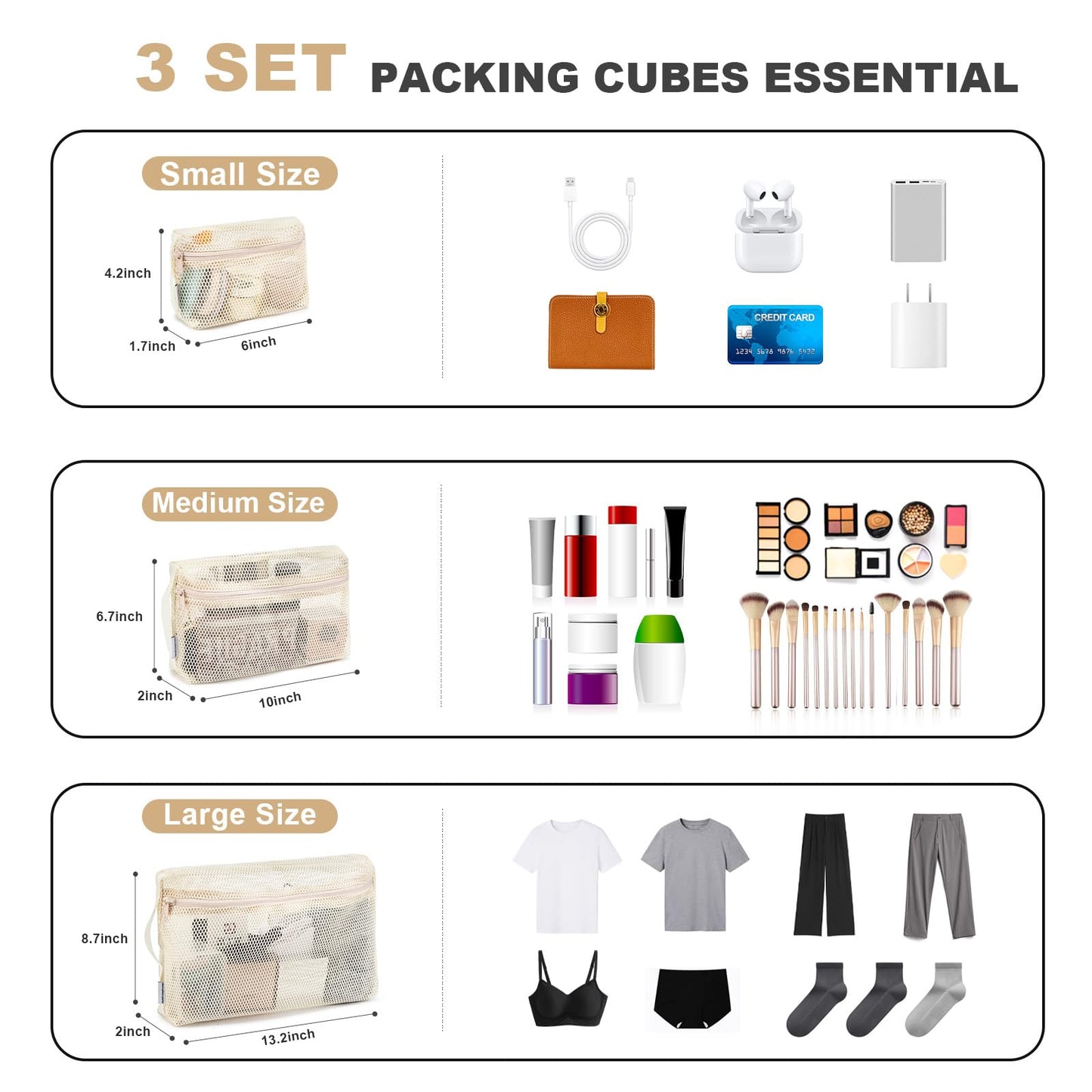 NOL Natural Organic Lifestyle 3-Pack Mesh Travel Toiletry Bags - Clear Zipper Travel Organizer, Airport Carry-On Compliant Reusable Cosmetic Makeup Bag for Women & Men (Cream)