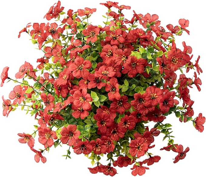 Outdoor Artificial Flowers, 8 Bundles Fake Flowers Autumn Decoration, No Fade Faux Plastic Shrubs for Garden Patio Porch Window Box Fall Decor (Red)