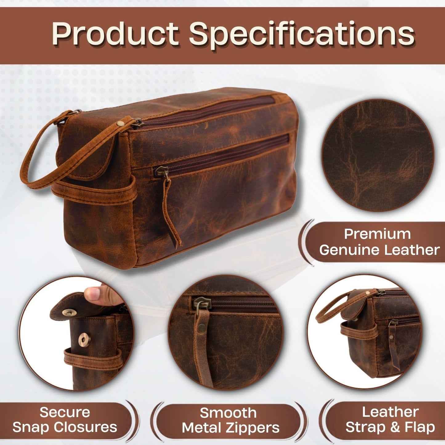 Rajeriya Premium Buffalo Leather Toiletry Bag for Men & Women With Water resistant Lining, Cosmetic Bags,Grooming Travel Pouch, Unisex Wash Bag for Toiletries, Gifts for Men and Women