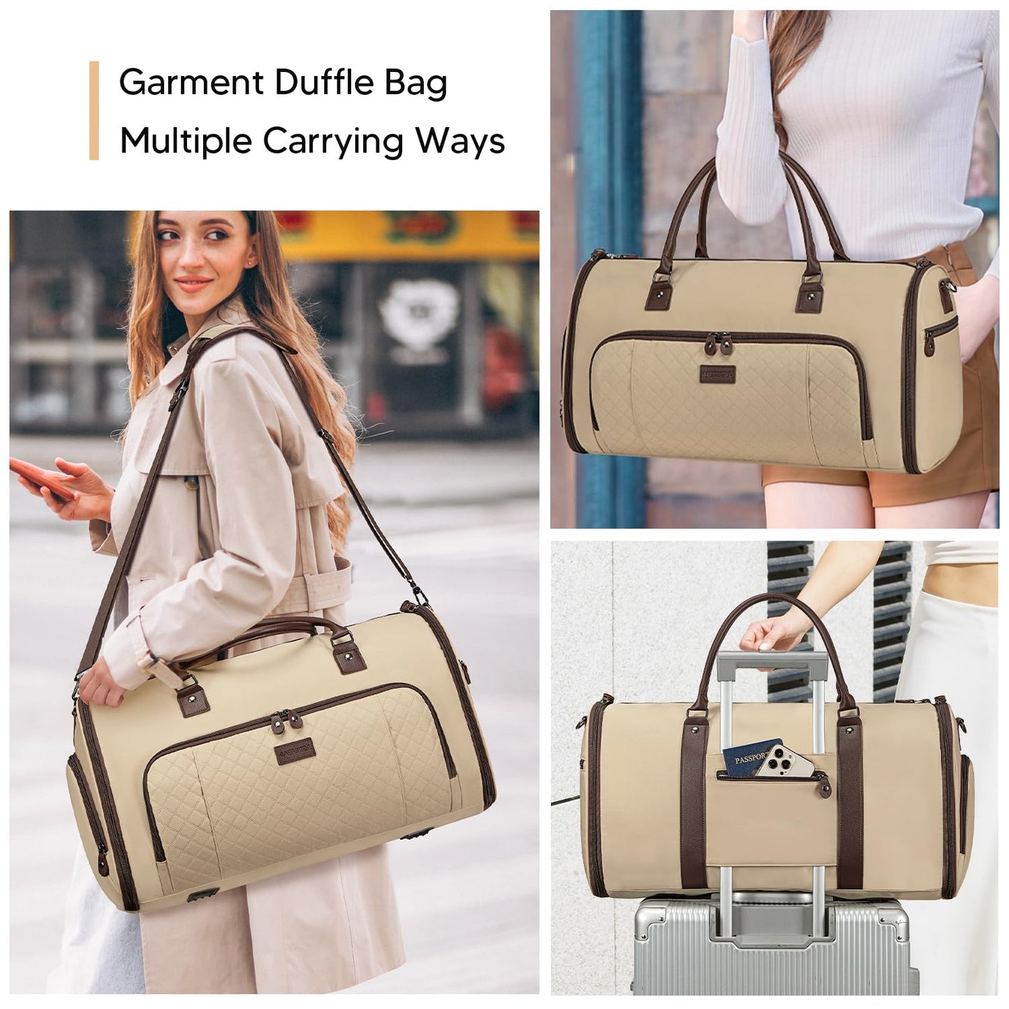 Vessgra 2 in 1 Duffle Bag, Carry On Duffle Bags for Women, 2 in 1 Suit Bag with Shoes Compartment 45L Garment Bag for Airplane Travel,Garment Bags with Shoulder Strap,(Khaki)