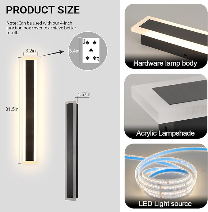 Modern Outdoor Wall Lights, 2 Pack 31.5 inch Exterior Sconces Wall Lighting 3000K LED Modern Outdoor Lights IP65 Waterproof Linear Exterior Wall Light for Garage Porch Patio
