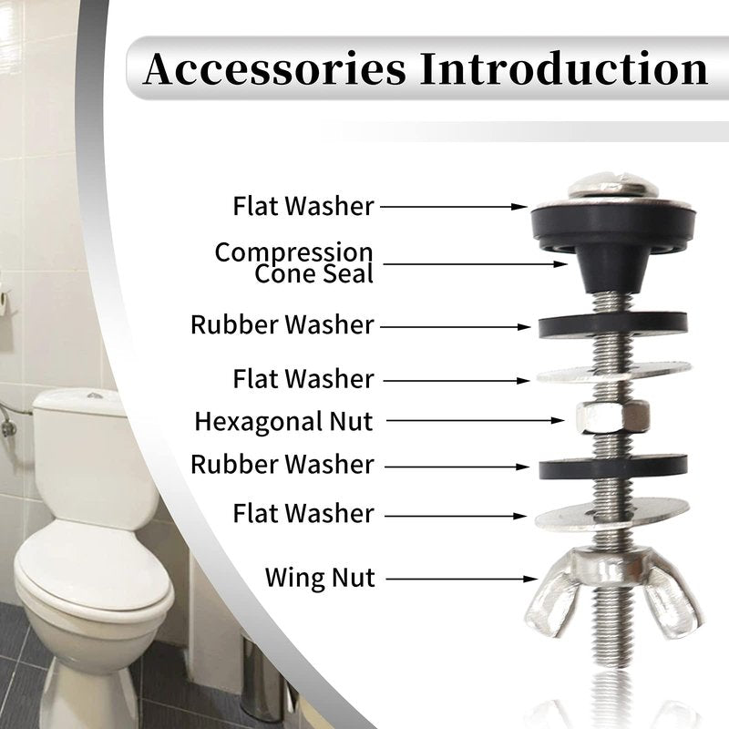 Universal Toilet Tank to Bowl Bolts Kit, Heavy Duty Toilet Bolts, Waterproof Stainless and Rubber Washers Gaskets with Extra Long Nut Screw for Fastening (Silver) (2, Short)