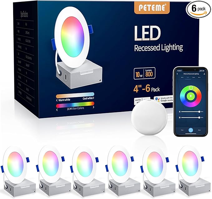 Peteme LED Smart Recessed Lighting 4 Inch Recessed Light IC Rated ETL Certified, Peteme Canless Ceiling Light RGBCW Color Changing Outdoor Soffit Downlight with J-Box for Alexa, 10W 800LM 6Pcs