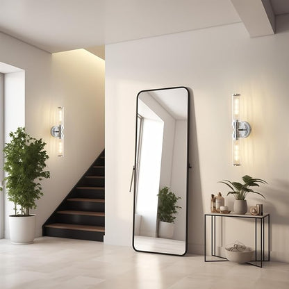 Bathroom Light Fixtures, Chrome Wall Sconce in Threaded Glass Indoor Vanity Lights, Modern Bathroom Vanity Light Up and Down Sconces Wall Lighting for Bathroom, Living Room - Bulb Not Included