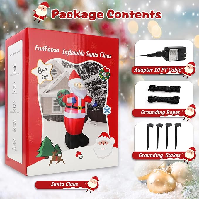 8 FT Christmas Inflatables Santa Claus Outdoor Decorations, Blow Up Santa Claus with Gifts Bag, Big Santa Carrying Presents Sack, Built-in LED Light, Xmas Outside Decor for Front Back Yard Garden Lawn