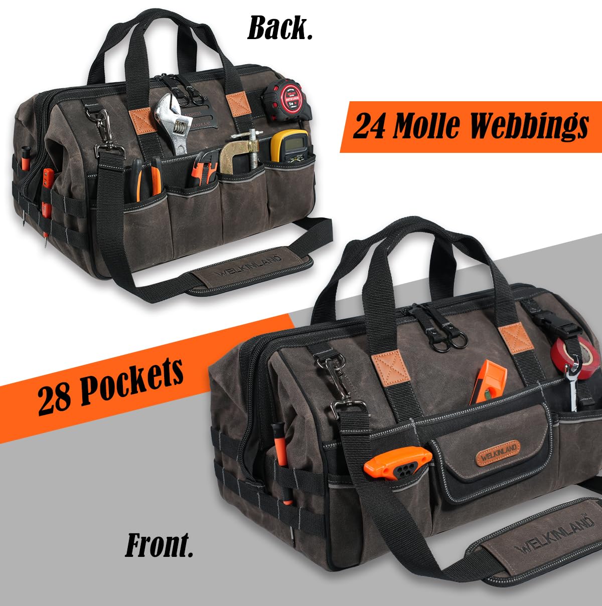 WELKINLAND 18 Inch Waxed Canvas Tool Bag, Heavy-Duty Electrical Tool Bag, Large-Opening 28-Pocket Tools Bag, 36L Tool Bags For Men, Quick-Access HVAC Tools Bags