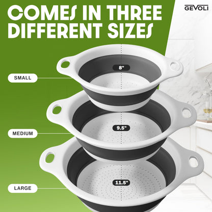 Collapsible Colanders (3 Pack Set) Food Strainers with Over-Sink Water Draining Base for Pasta Fruits and Vegetables, White (3 Sizes, 3QT, 4QT and 5 Quart)