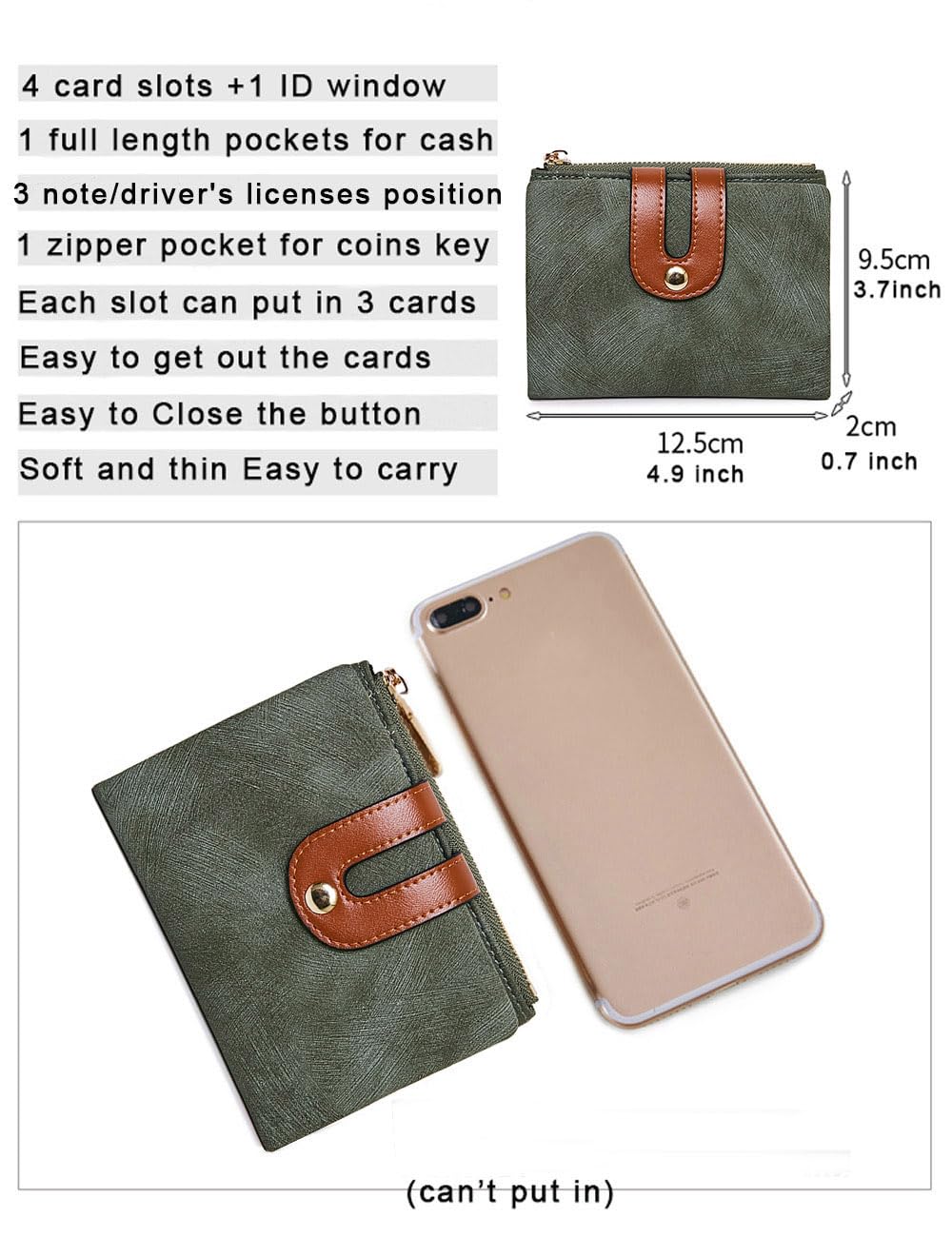 AOXONEL Women's Rfid Small Bifold Leather Wallet Ladies Mini Zipper Coin Purse id card Pocket,Slim Compact Thin (Green)