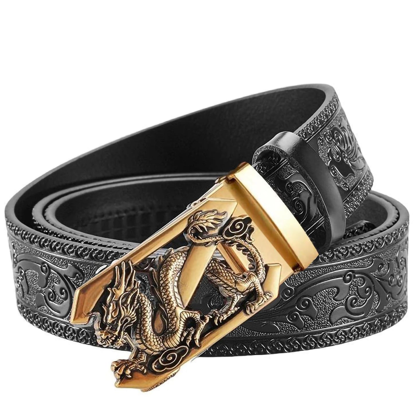 VJK Luxury Men's Belts Engraved Vintage Dragon Head Automatic Buckle Alloy, Leather Men Waist Strap, Slide Easier Adjustable Belt, Cut To Fit, Men Dress Casual Ratchet Belt