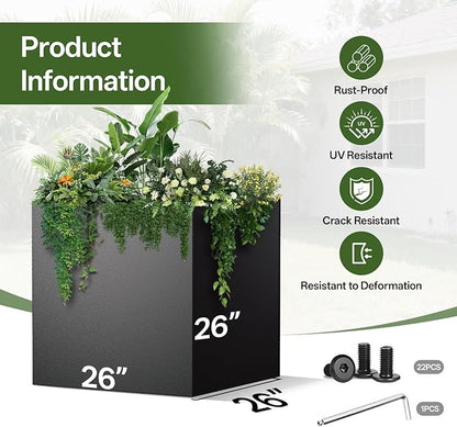Metal Planter Box, 26" x 26"x 26", Heavy-Duty Galvanized Steel Outdoor Planter with Drainage Holes, Rectangular Planter for porches, Gardens, patios, and courtyards，Black