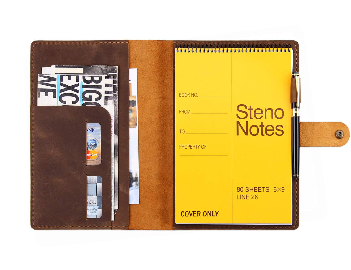 Robrasim Leather Cover for 6"x9" Steno Notebook, Leather Folio Cover Compatible with 6x9 Spiral Steno Pads, A5 Notebook Organizer with Pen Loop - Brown