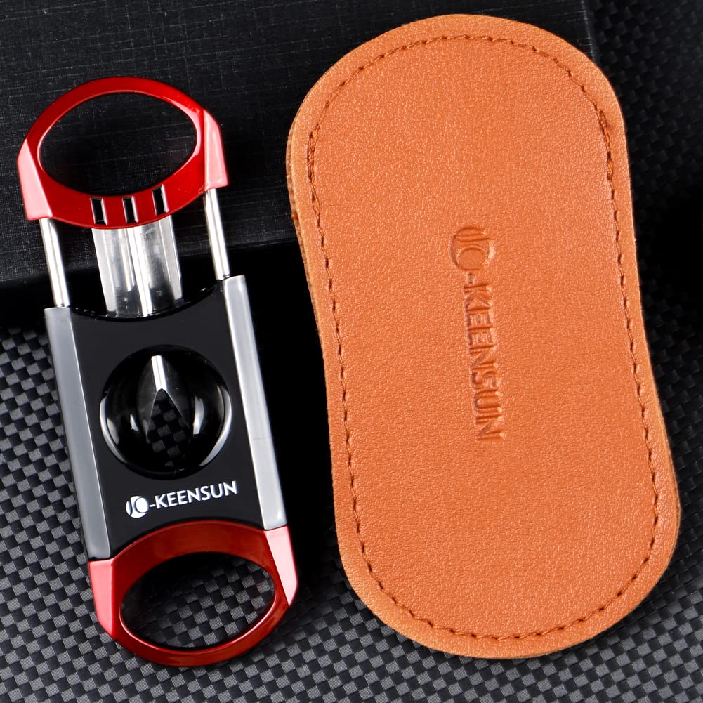 KEENSUN Zinc Alloy V-Cut Cigar Cutter (Red and Black), 60 Ring Gauge, 420J2 Stainless Steel V-Cut Blade & Cigar Holder (2 in 1) in Gift Box