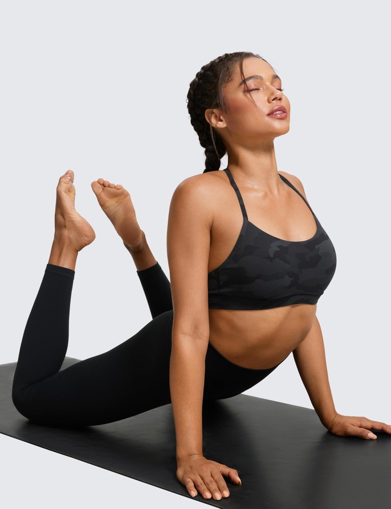 CRZ YOGA Butterluxe Y Back Sports Bras for Women - Padded Racerback Low Impact Spaghetti Thin Strap Workout Yoga Top Dark Grey Camouflage 2 X-Large