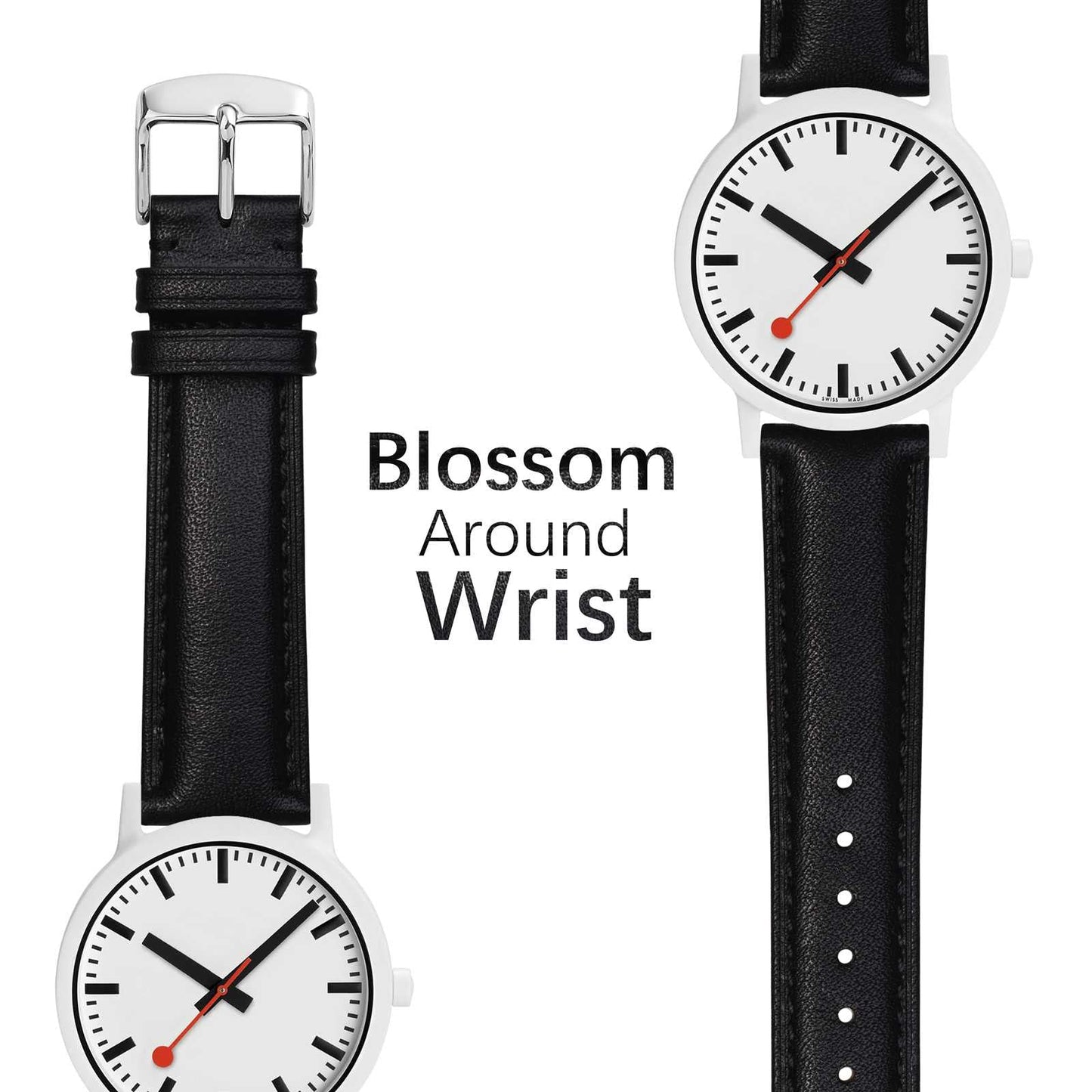 WOCCI 20mm Flower Watch Band for Women and Men, Genuine Leather, Quick Release Strap, Silver Buckle (Black)
