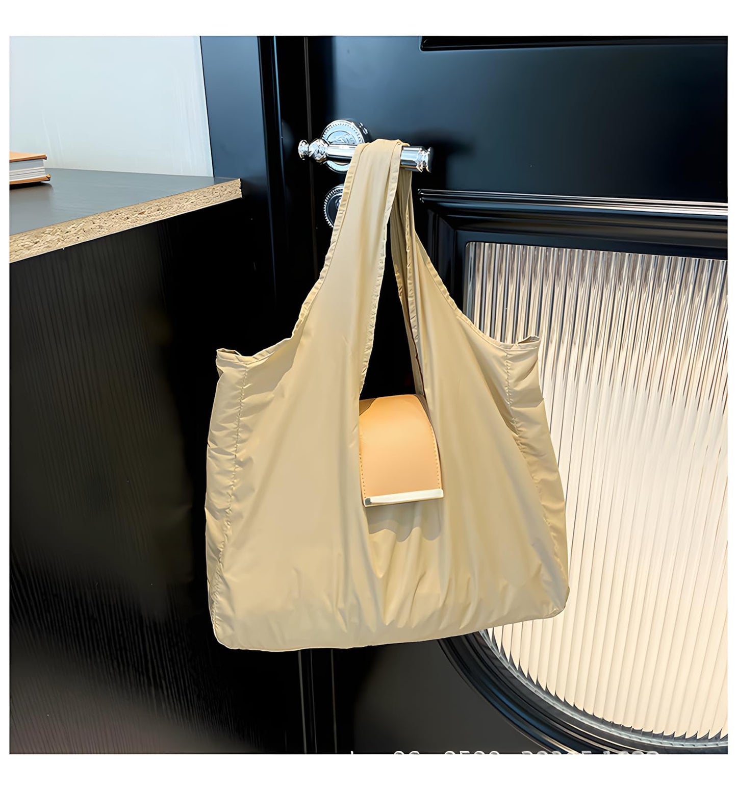 Locus Amoenus Foldable Reusable Shopping Bag Keychain, Portable Eco-Friendly Grocery Tote Bag for Women, Lightweight Travel Shopping Bag (Beige)