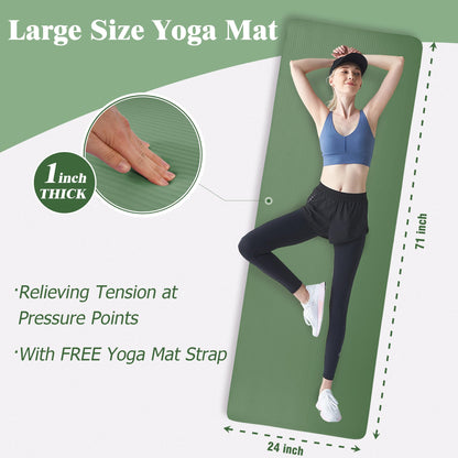 Fitvids Yoga Mat 1-Inch Extra Thick High-Density Exercise Mat with Non-Slip Surface & Carry Strap for Men & Women Tear-Resistant Pilates Workout Mat for Home Gym, Floor Fitness