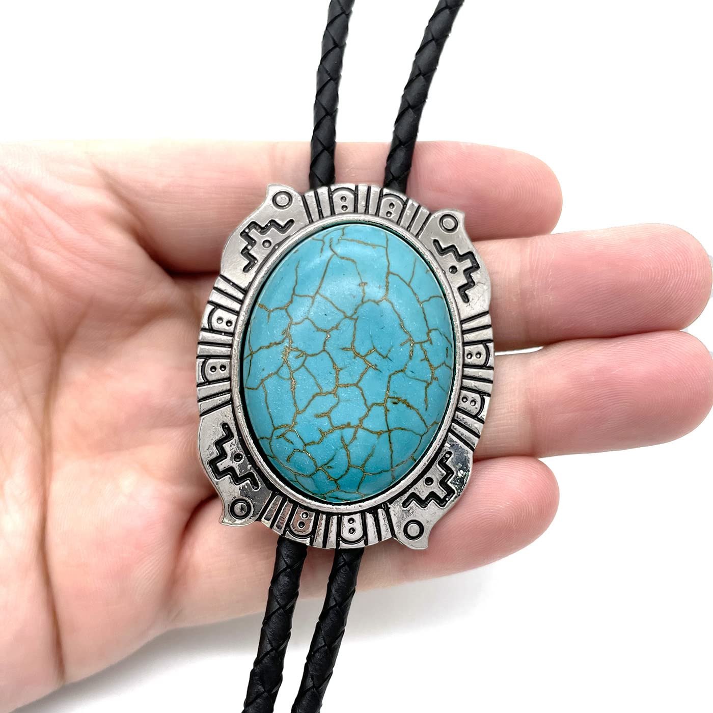 YOQUCOL Blue Turquoise Stone Bolo Tie Native Western Cowboy Indian Hand-woven Leather Bola Tie Necktie for Men Women
