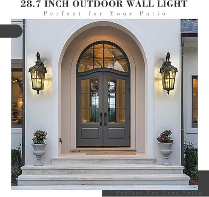 Emliviar 28.7 Inch Farmhouse Wall Light, Large Exterior Wall Sconce for Porch Patio, Water Grain Glass in Black Finish, WE215BL BK