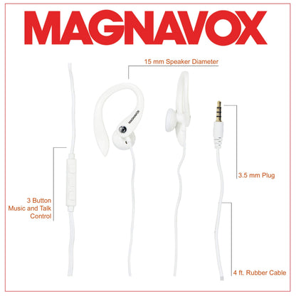 Magnavox MHP4854-WH Earhook Earbuds with Microphone - Available in Black & White - Durable Rubberized Cable