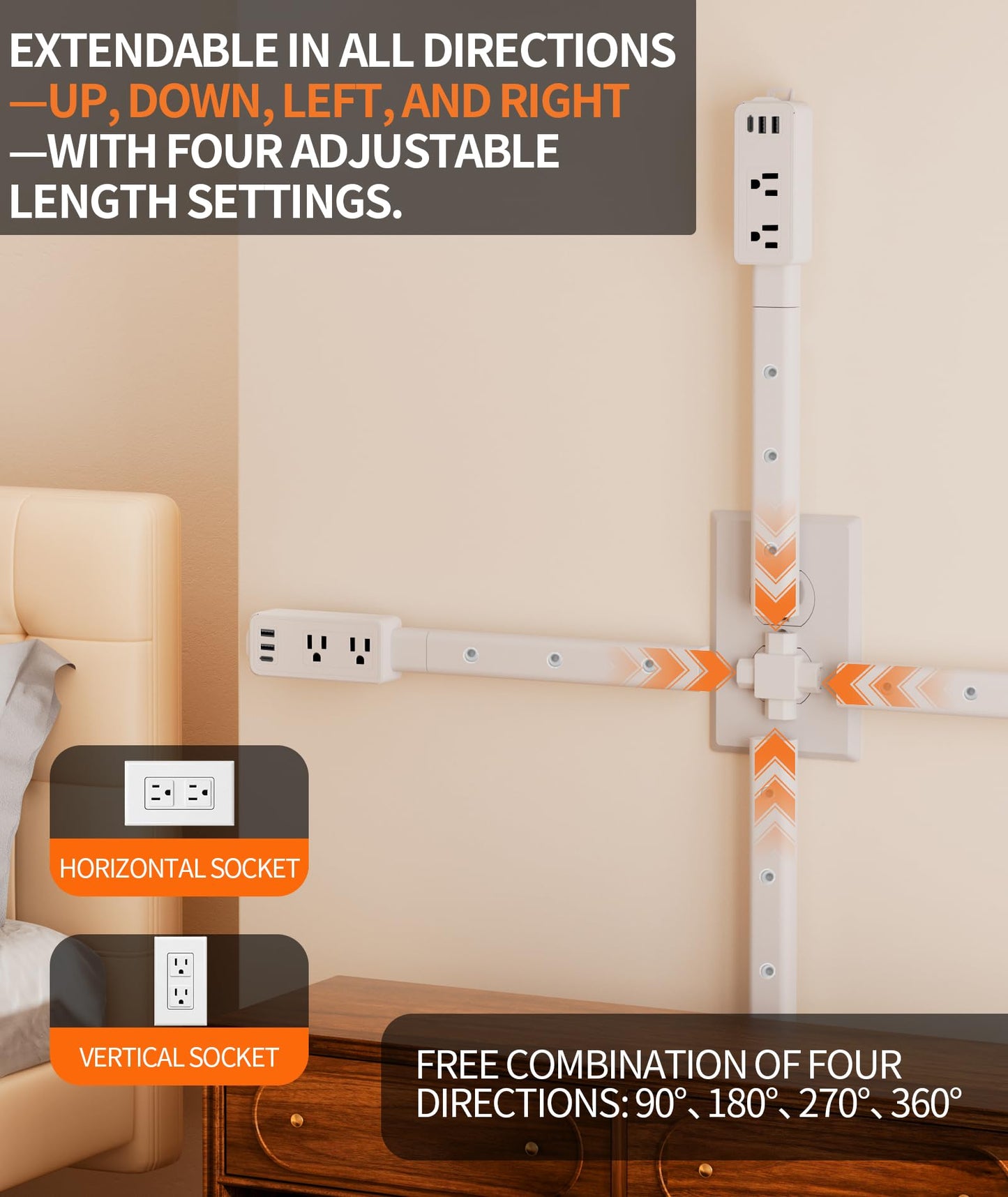Electrical Outlet Extender Stick Features 2 USB-A, USB-C and 2 AC Outlets, Extendable 6", 15.3", 24.5", 34", for Hard to Reach Spaces Use Behind Couches, Nightstands, E-Sports Desks, and More