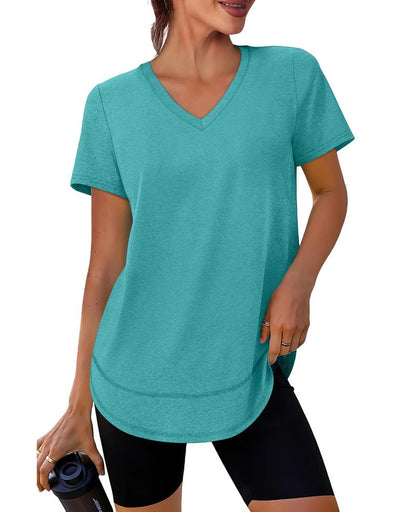 Oversized Tshirts for Women Dry Fit Plus Size Spring Clothes Summer Athletic Tops Workout Shirts V Neck Aqua 3XL