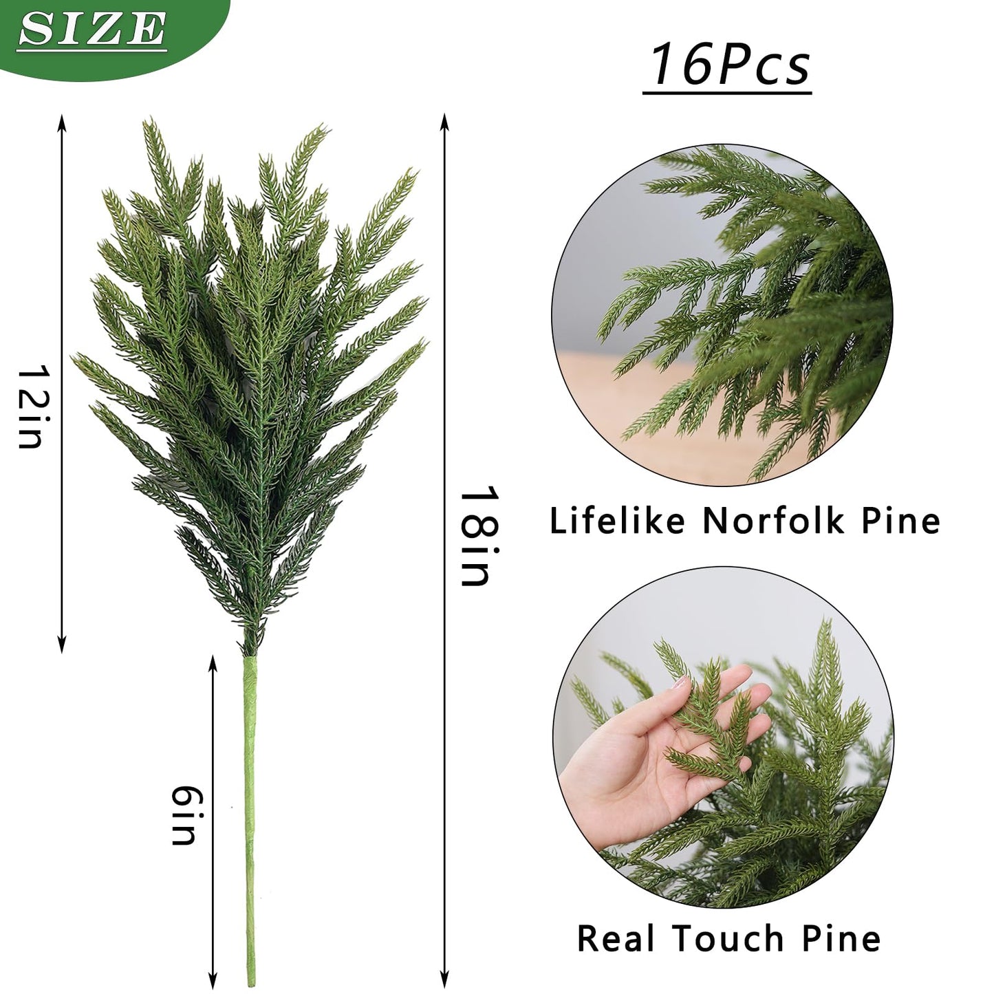 YXZZWL 16 Pcs Christmas Norfolk Pine Branches, 18 Inch Soft Textured Artificial Norfolk Pine Branch Faux Cedar Pine Stem Fake Greenery Picks for Vase DIY Garland Wreath Home Decoration