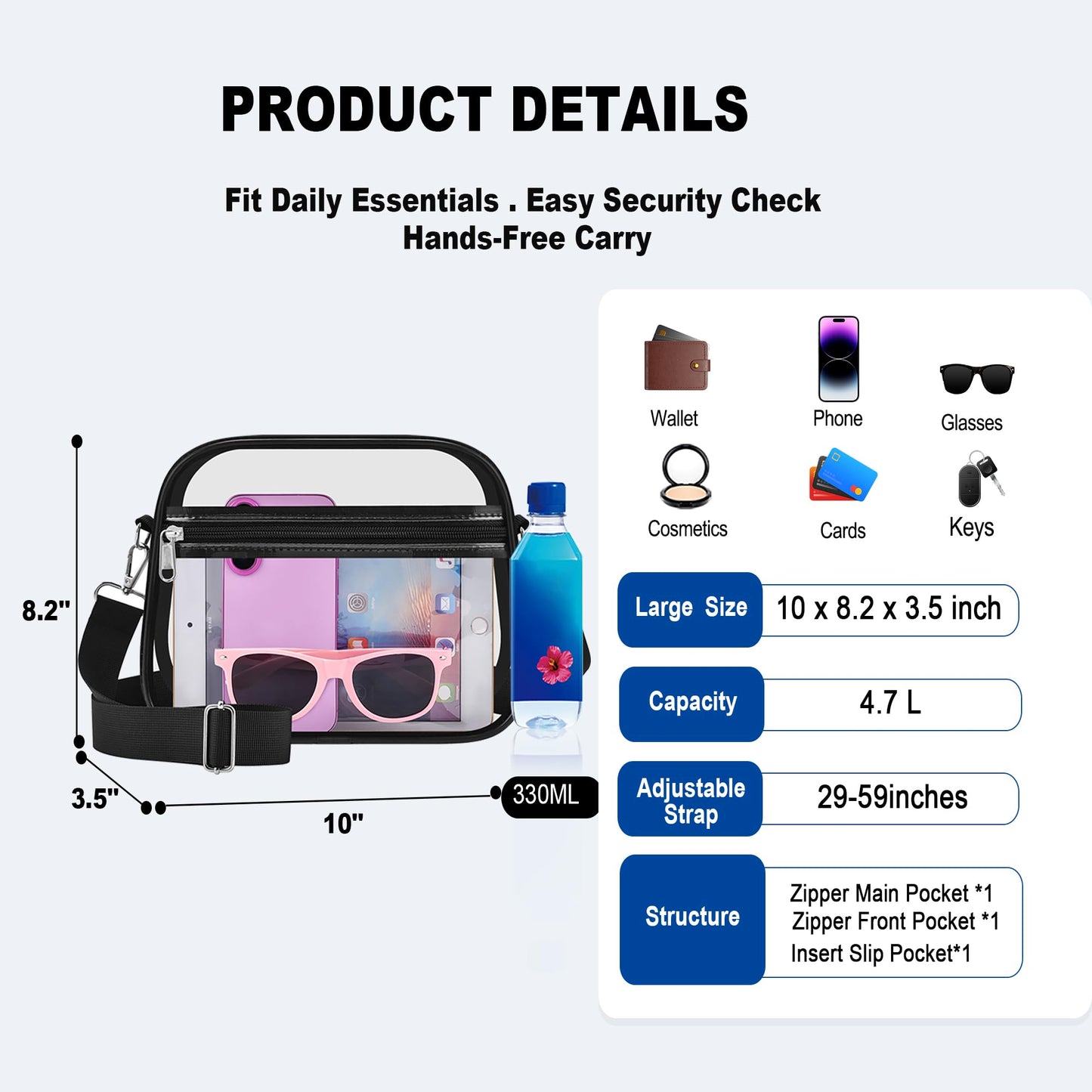Oraben Clear Bag for Stadium Events, Clear Women's Satchel Handbags Stadium Approved，Small Clear Crossbody Purse Transparent Concert Bag with Adjustable