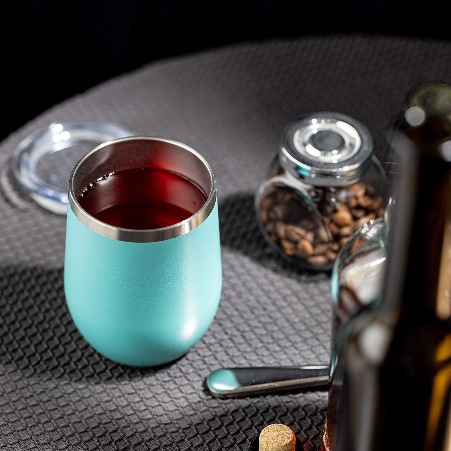 COMOOO Wine Tumbler 12oz Insulated Wine Cup Set of 4 with Lid and Straw Stainless Steel Wine Glass Tumbler Stemless for Hot and Cold Drinks, Champagne, Cocktails (Blue, 4 Pack)