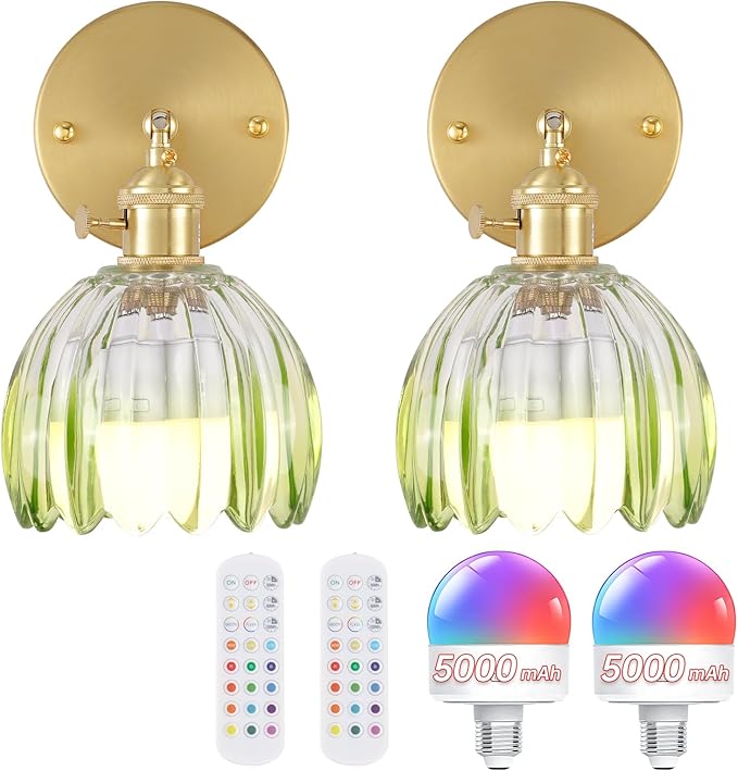 Vintage 5000 mAh Battery Operated Wall Sconce with Green Clear Tulip Gradient Glass Lampshade Rechargeable Battery Powered Wall Light with Remote Control for Bedroom, Set of 2