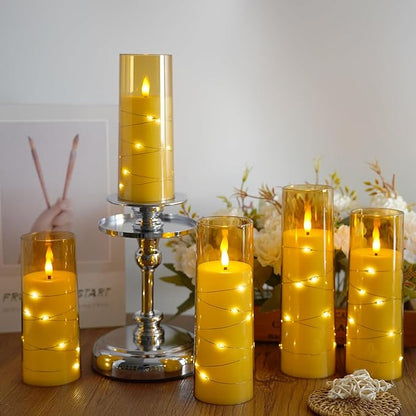 Flameless Candles,with Embedded Star String, Battery Operated Candles Flickering LED Pillar Candles with Remote Control and Timer, Home Decoration Add a Warm and Romantic Atmosphere，Set of 7 (Gold)
