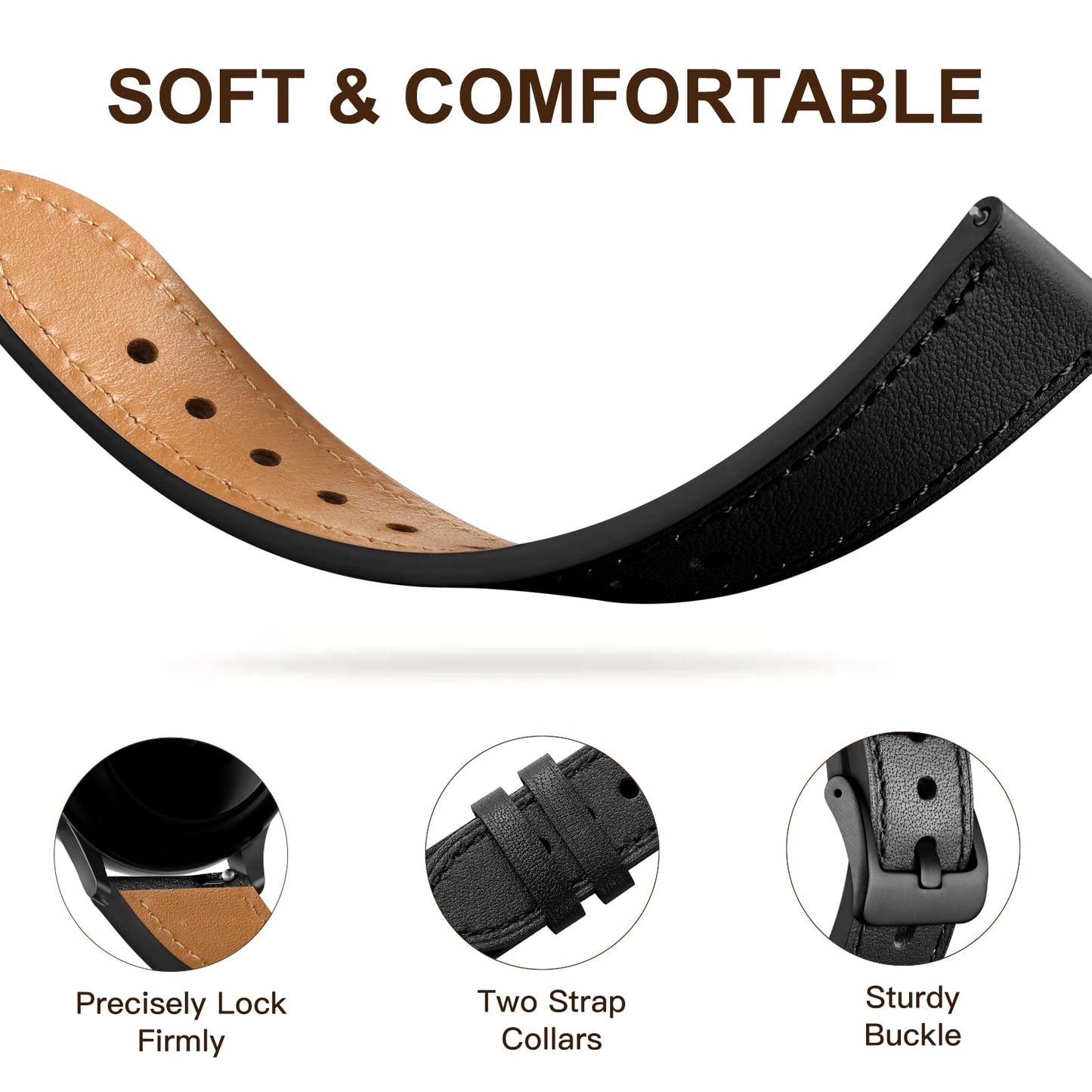 GEAK Leather Band Compatible with Samsung Galaxy Watch 7 40mm 44mm, Galaxy Watch 6 5 4 44mm 40mm, Galaxy Watch 4 Classic 46mm 42mm, Watch 3 41mm, 20mm Watch Band for Women Men, Black