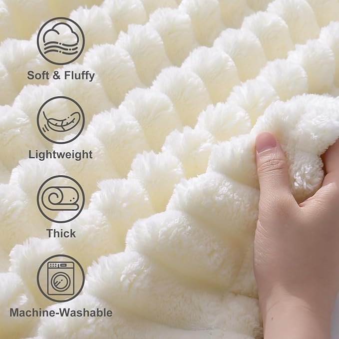 decorUhome Soft Fleece Cream White Twin Blanket for Bed, Cozy Fluffy Plush Flannel Striped Throws for Couch Sofa, Lightweight Decorative Ribbed Fuzzy Blanket for Woman, 60x80 Inches