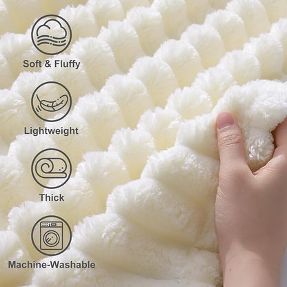 decorUhome Soft Fleece Cream White Blanket Queen Size for Bed, Cozy Fluffy Plush Flannel Large Striped Throws for Couch Sofa, Lightweight Decorative Fuzzy Blanket for Woman, 90x90 Inches
