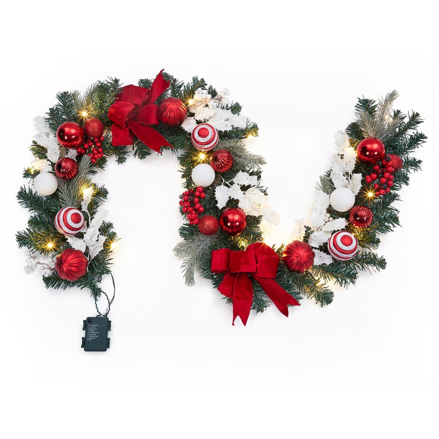 FairyLee 6ft Battery Operated Christmas Garland with 20 LED Lights & Timer, Pre-Lit Artificial Garland for Mantle, Staircase, Table, Indoor Outdoor Xmas Holiday Decor,Red Bow
