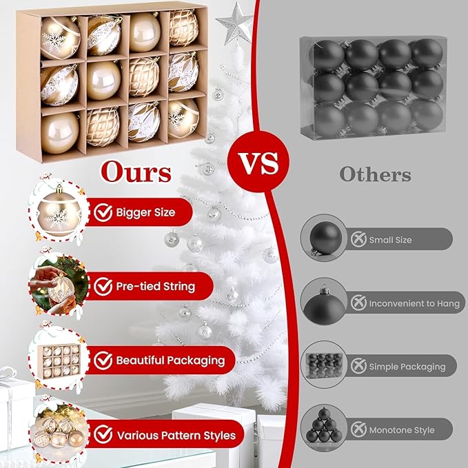 EveryMerry 24-Pack 3.1 Inch Christmas Ornaments Set - Champagne White Ornament Balls with 5 Various Designs with Strings, Sturdy, Kraft Box with Lid for Xmas Tree, Holiday Party & Home Decor