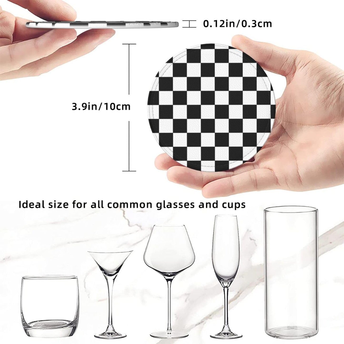 Black Checkered Leather Coasters Set of 6 with Holders for Drinks Cups, White Plaid 3.9" Round Coasters 6 Pcs for Coffee Bar Table Decor