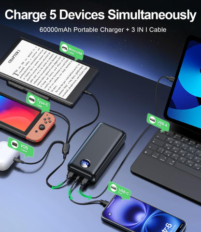 Portable Charger Power Bank - 60,000mAh Battery Pack, 22.5W Fast Charging Phone Charger with USB-C/iOS/Micro-USB Cable, Powerbank for iPhone 16 15 14 13 12 Samsung Google, Travel Camping Essentials
