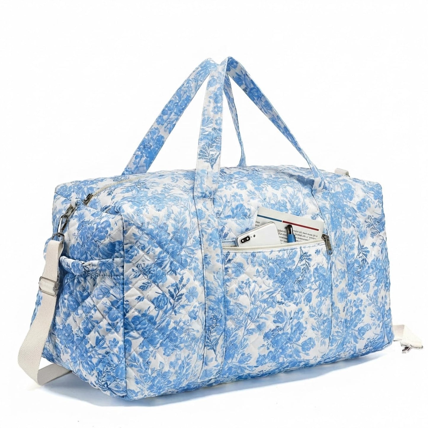 Dansydaisy Large Quilted Travel Duffle Bag for Women Floral Portable Gym Weekender Bag with Zipper Pockets Workout Grocery Pouch Duffle Gift Pouch for Work(Blue Floral)