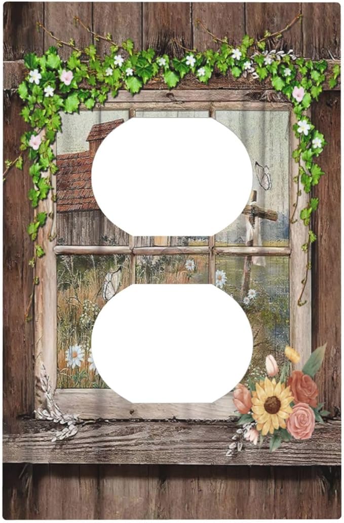 Farm Barn Farmhouse Rustic Country Flower 1 Gang Duplex Receptacle Switch Wall Plate Decorative Switchplate Outlet Covers Electrical Plug Cover Faceplate for Bathroom Home Decor