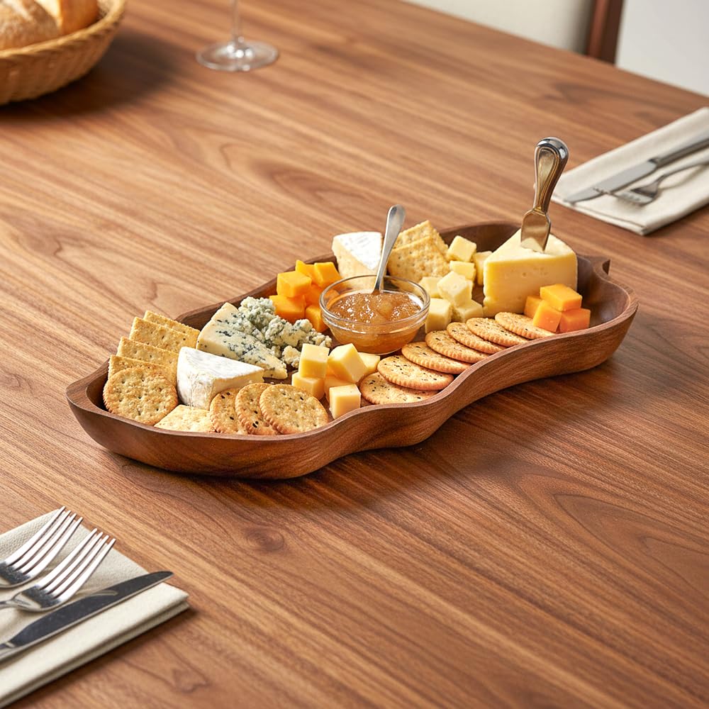 MIGAKU HOME Acacia Wood Serving Tray, Leaf Design Wood Tray, Party Platter, Serving/Food/Cookie Trays for Parties, Wooden Trays for Decor, Christmas Tree Charcuterie Board