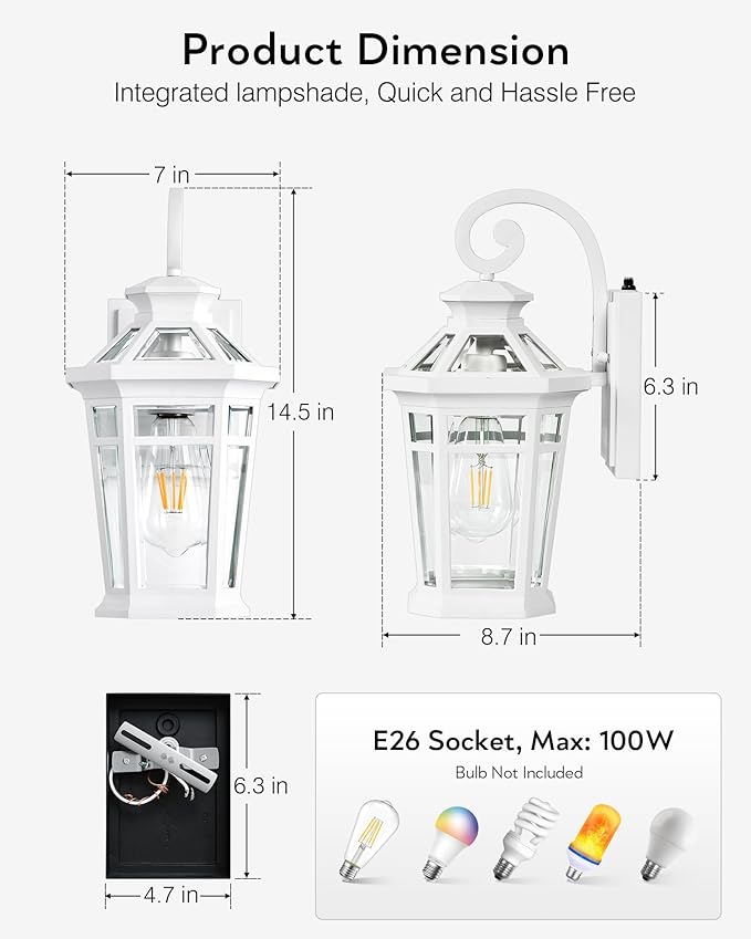 Dawn to Dusk Outdoor Light Fixture, White Front Porch Lights Wall Mount, Exterior Sconce Light with E26 Socket, Anti-Rust Coach Lights for Garage, Waterproof Outdoor Lighting for House, Patio
