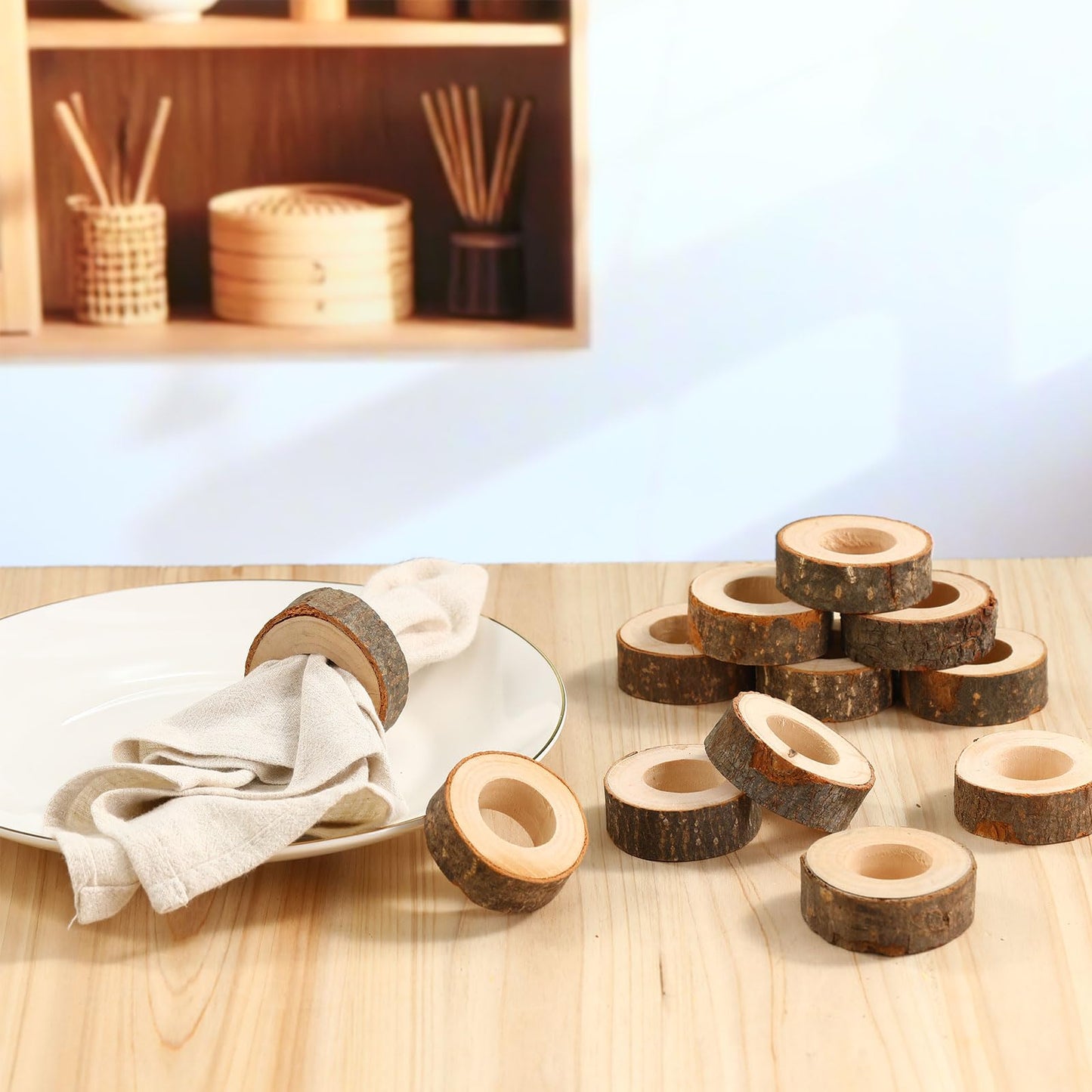 LemonRoad Set of 100 Wooden Napkin Ring Handcrafted Wooden Napkin Holder Rustic Dinner Ring Buckle Party Gift Farmhouse Table Decoration for Dining Wedding Birthday(Bark Style,2.17-2.76 Inches)