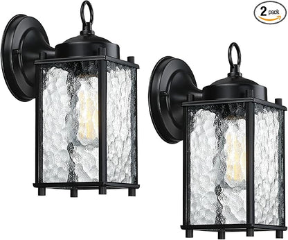 Outdoor Wall Light Fixture, Exterior Wall Sconce, Black Outdoor Porch Light with Hammered Glass, Waterproof Anti-Rust, for Garage, Front Door, Entryway, 2 Pack