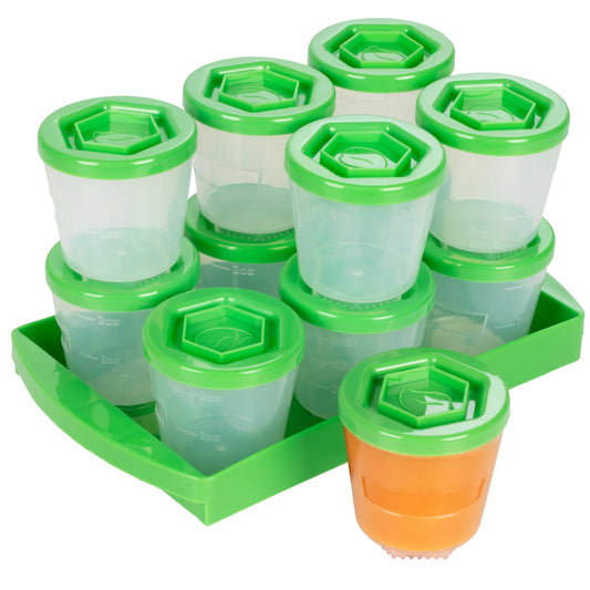 Baby Food Storage Containers w Write What You Want Lids (12 Pk) - 2oz Reusable Leakproof Plastic Jars & Tray- Freezer, Microwave & Dishwasher Safe- BPA/PVC Free, Compatible w Bullet Blender, Gift