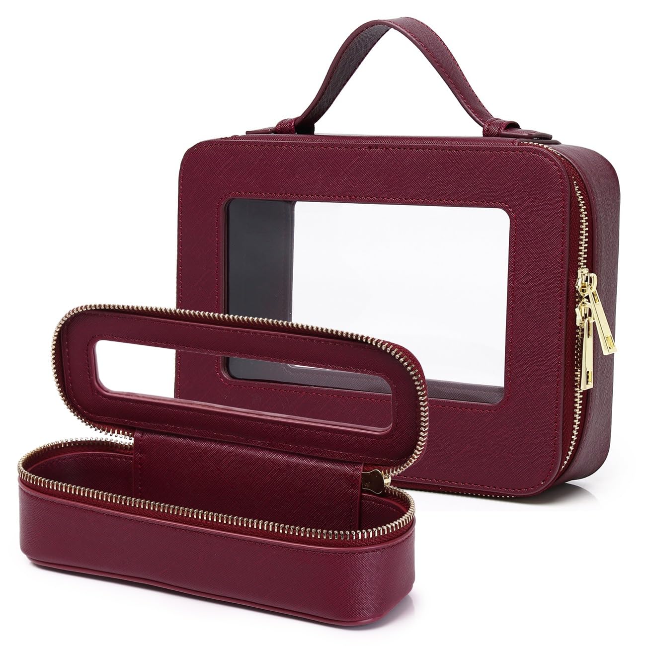 Pinkmik Travel Clear Makeup Bag with Brush Bag Portable Cosmetic Bag Case Transparent Toiletry Bag Cosmetic Organizer Storage Bag for Women (X/Burgundy, L+SLIM)