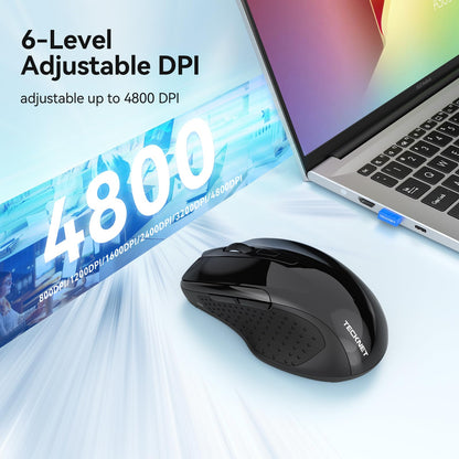 TECKNET Rechargeable Jiggler Wireless Mouse (BT5.0/3.0 & 2.4G) 4800 DPI Silent USB A & Bluetooth Mouse 6 Buttons, Wide Compatibility - Black