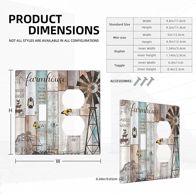 Decorative Light Switch Cover Plate Rustic Farmhouse Colorful Wooden Barn Door 2 Gang Outlet Covers 1 Toggle 1 Duplex Wall Plate Decorate Electrical Switch Plate Covers for Kitchen Home Decor
