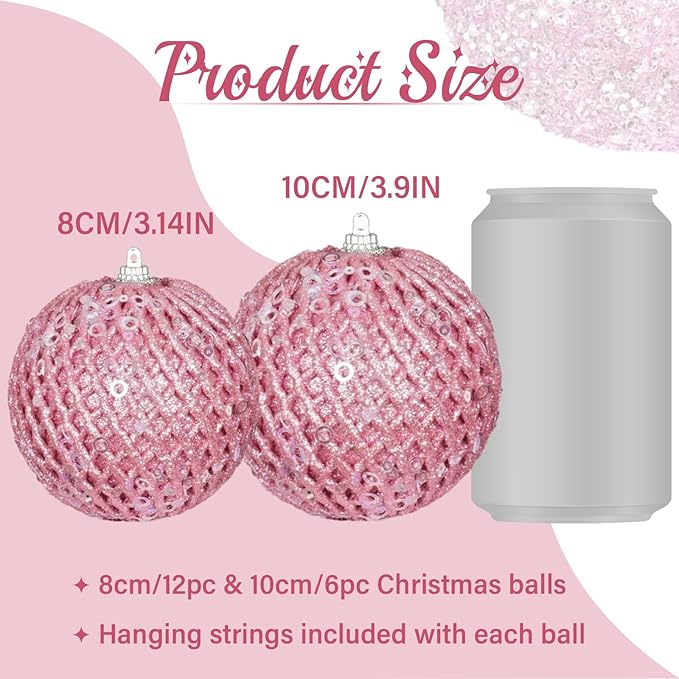 3.15" Christmas Ball Ornaments Glitter Shatterproof Christmas Tree Ornaments Sequin Xmas Hanging Balls Decorations for Wedding Party Holiday(Pink)
