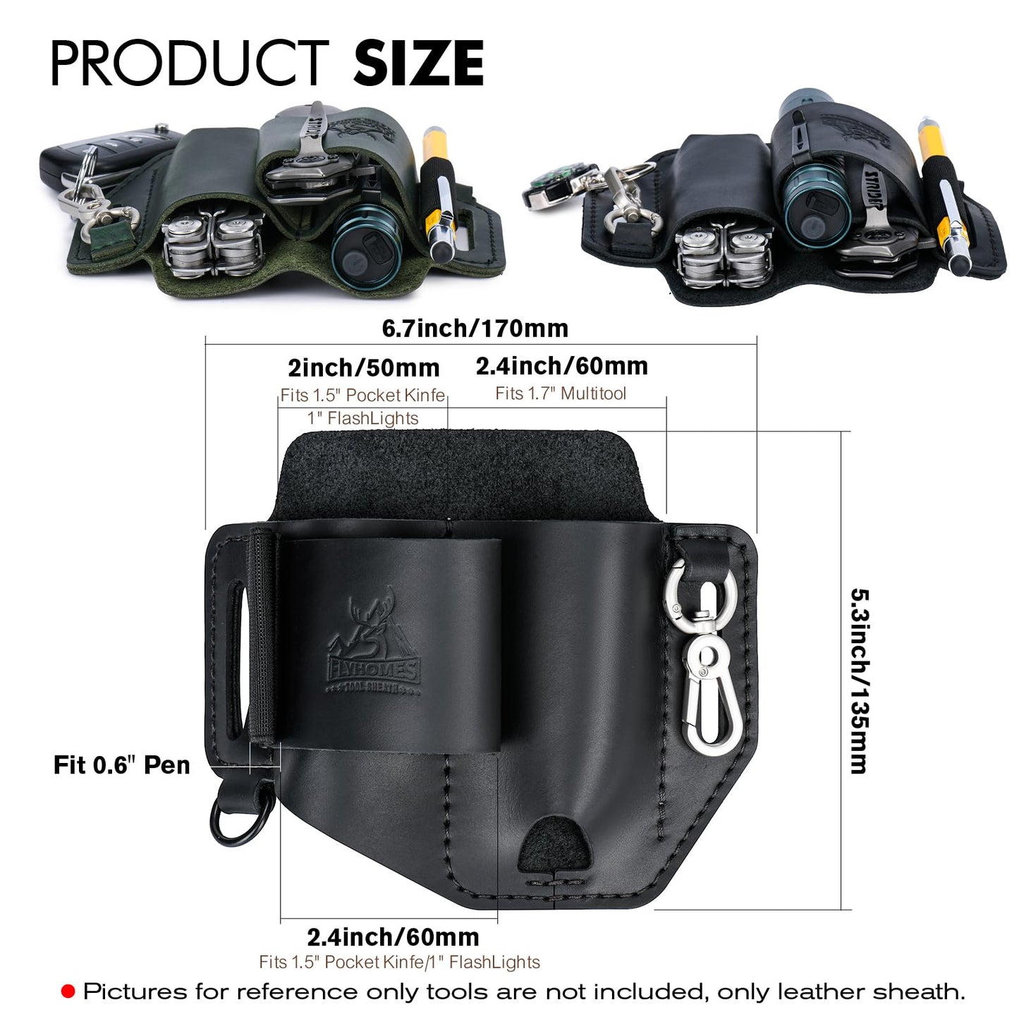 FLYHOMES Genuine Leather Multitool Sheath | Handmade Stitched EDC Belt Organizer for Leatherman Surge | Flashlight, Knife Holster, Pen & Tools Pouch | Black (Large)